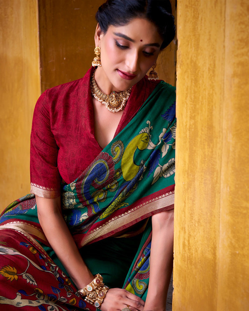 Firozi Color Viscose Chanderi Printed Saree