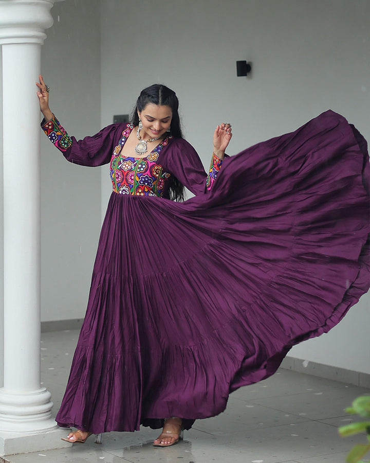 Navratri Wear Wine Color Reyon Gamthi Work Gown