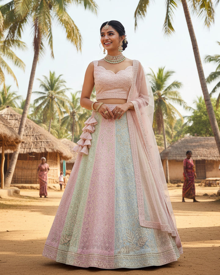 Wedding Wear Pastel Color Georgette Embroidered Lehenga Choli