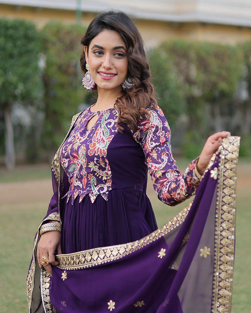 Designer Purple Color Georgette Frill Anarkali Gown With Dupatta