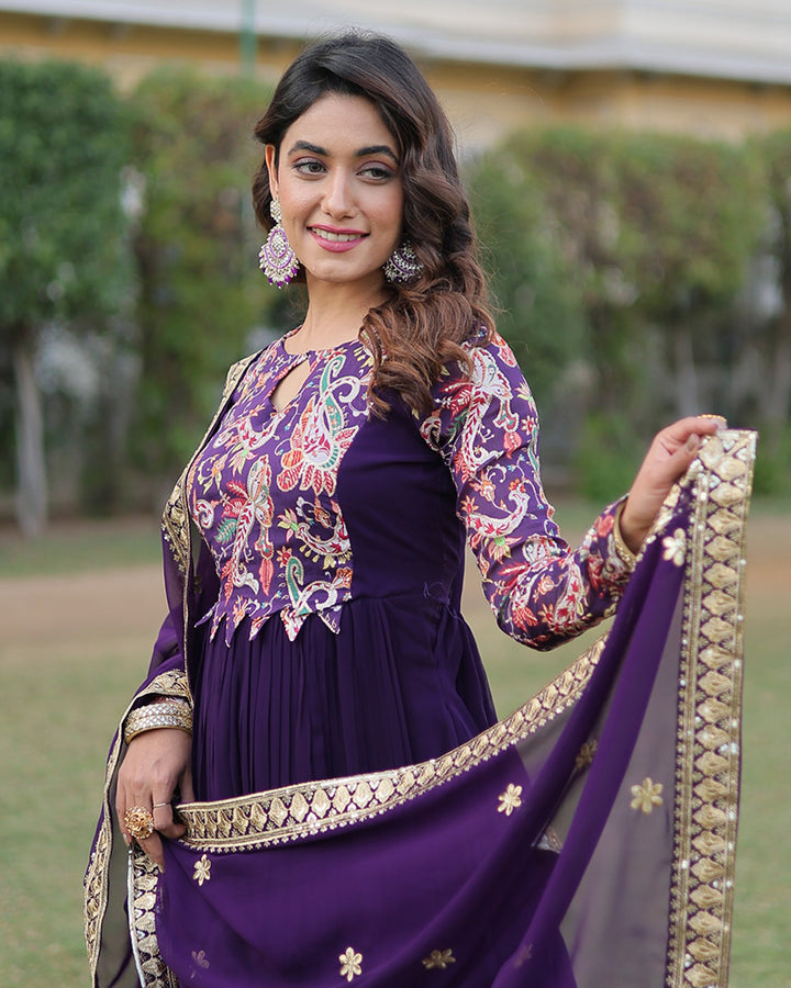 Designer Purple Color Georgette Frill Anarkali Gown With Dupatta