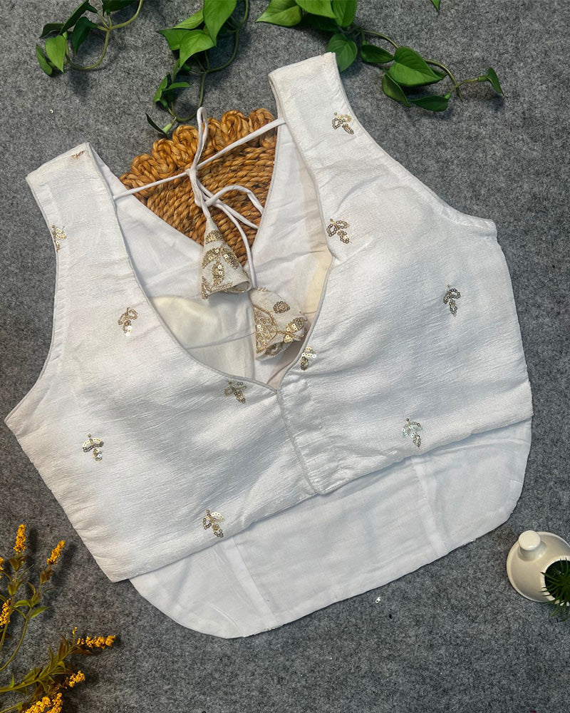 White Color Vichitra Silk Embroidered Blouse