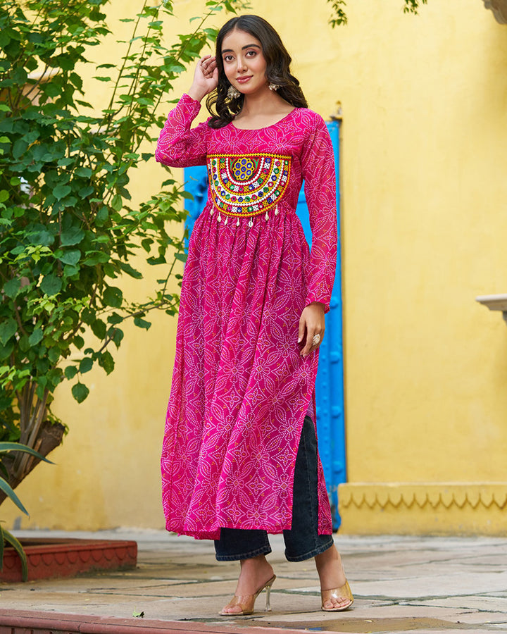 Elegant Pink Georgette Bandhani Print Kurti
