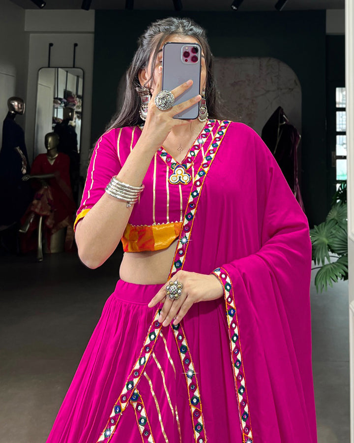 Vibrant Pink Color Rayon Gamthi Work Navratri Lehenga Choli