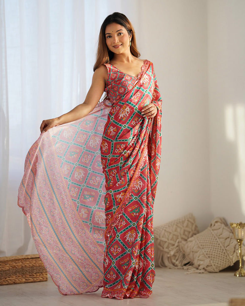 Tomato Color Chinnon Silk Printed Saree