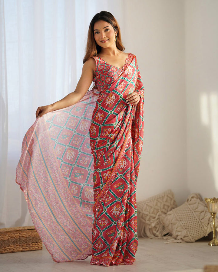 Tomato Color Chinnon Silk Printed Saree