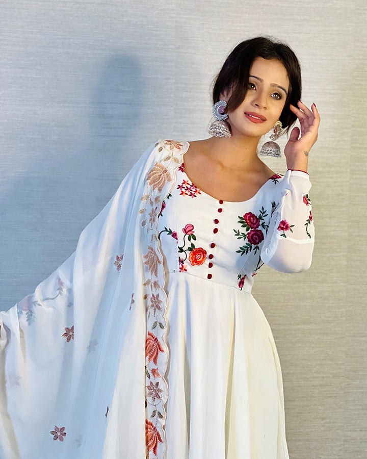 Off-White Color Georgette Anarkali With Pant And Dupatta