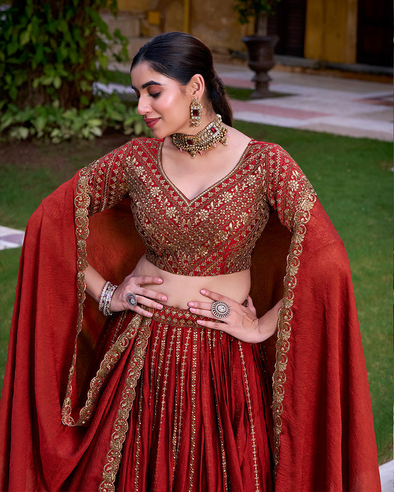 Rust Orange Color Rangoli Crush Embroidered Lehenga Choli