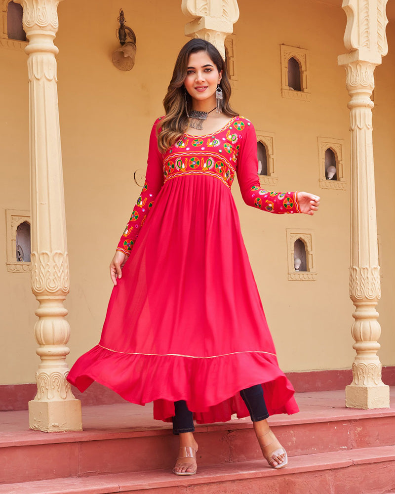Vibrant Pink Flared Rayon Kurti With Gamthi Work
