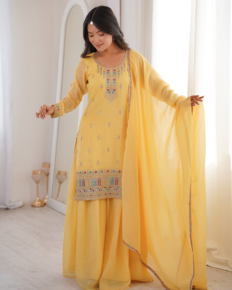 Yellow Color Crunchy Silk Embroidered Plazzo Suit