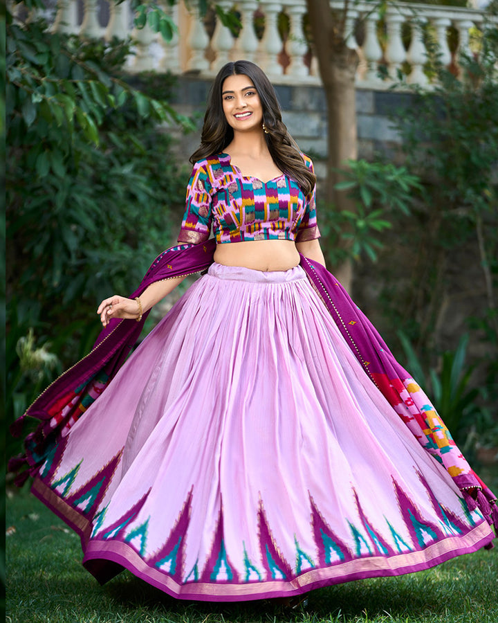 Light Purple Color Print With Foil Work Tussar Silk Lehenga Choli
