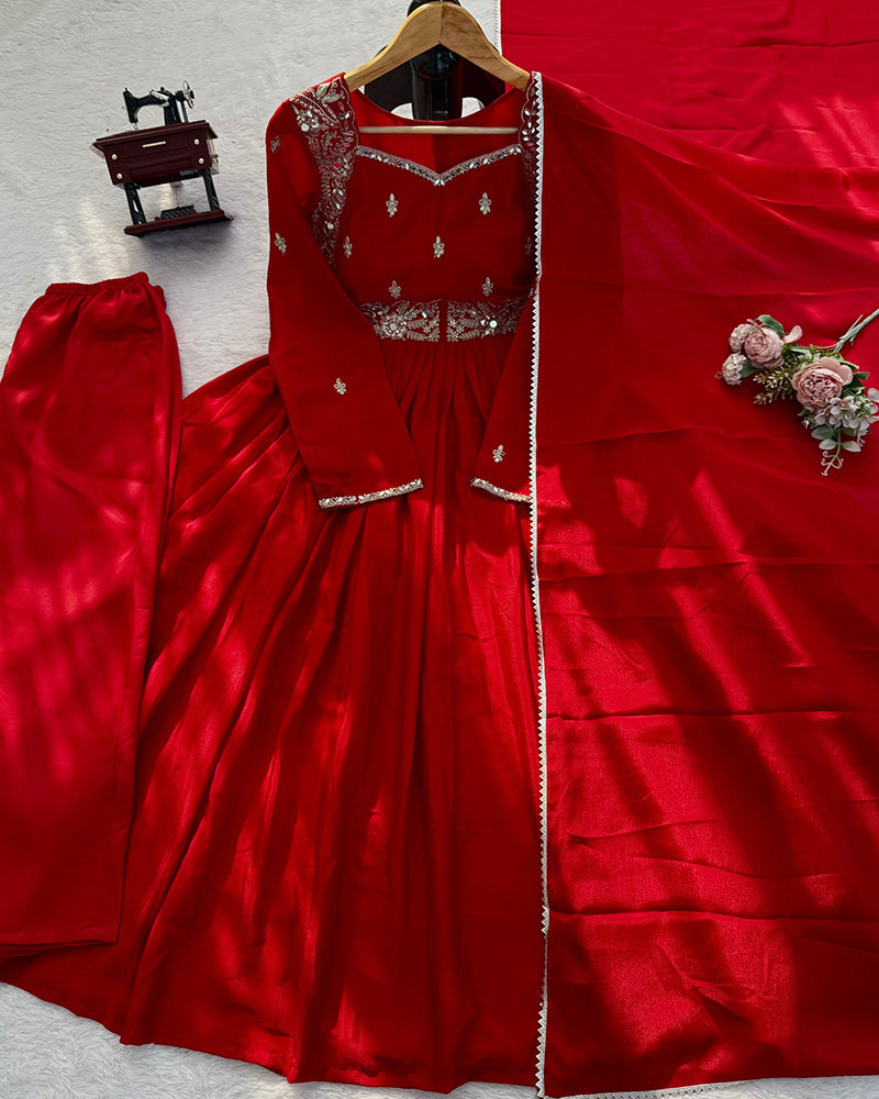 Red Color Pure Chinon Embroidered Three Piece Anarkali Suit