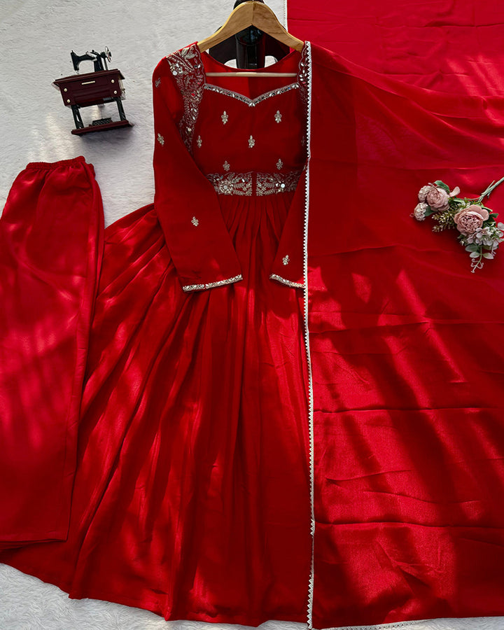 Red Color Pure Chinon Embroidered Three Piece Anarkali Suit