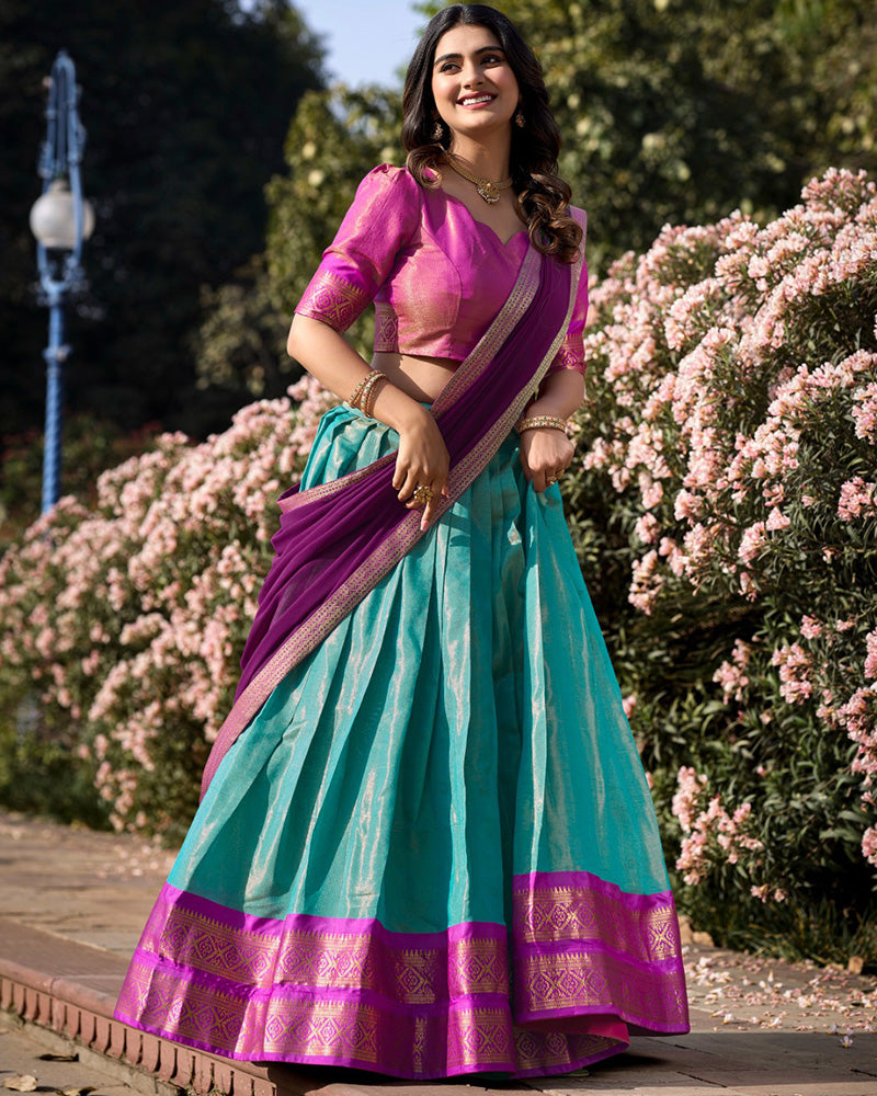 Sky Blue Color Kanchipuram Silk Designer Half Saree