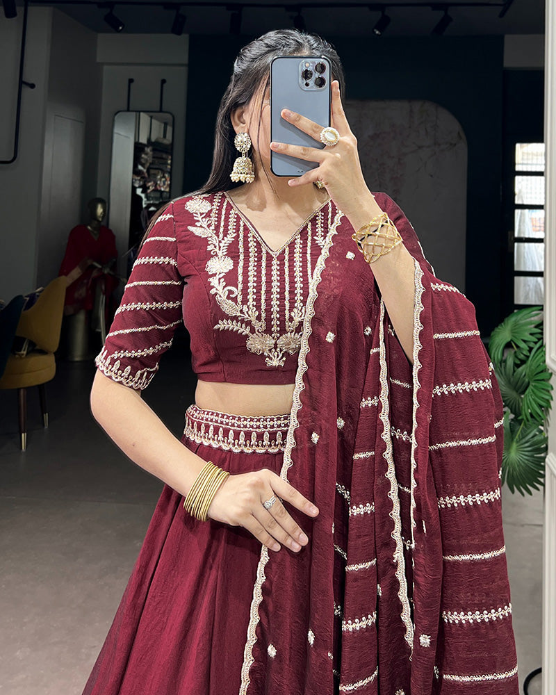 Maroon Color Rangoli Crush Embroidered Lehenga Choli