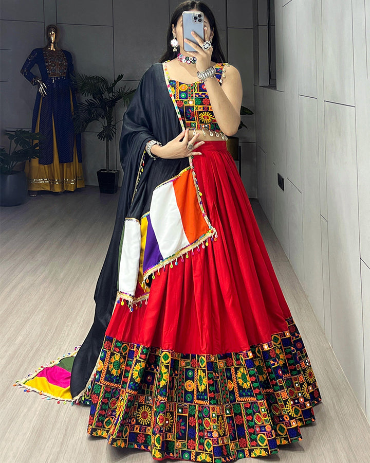 8 Multi Color Designer Pure Rayon Cotton Gamthi Work Navratri Lehenga Choli