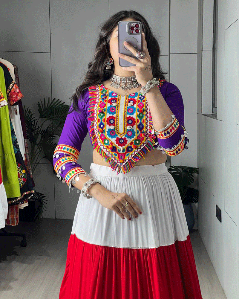 Vibrant Purple Multicolor Mirror Work Navratri Lehenga Choli