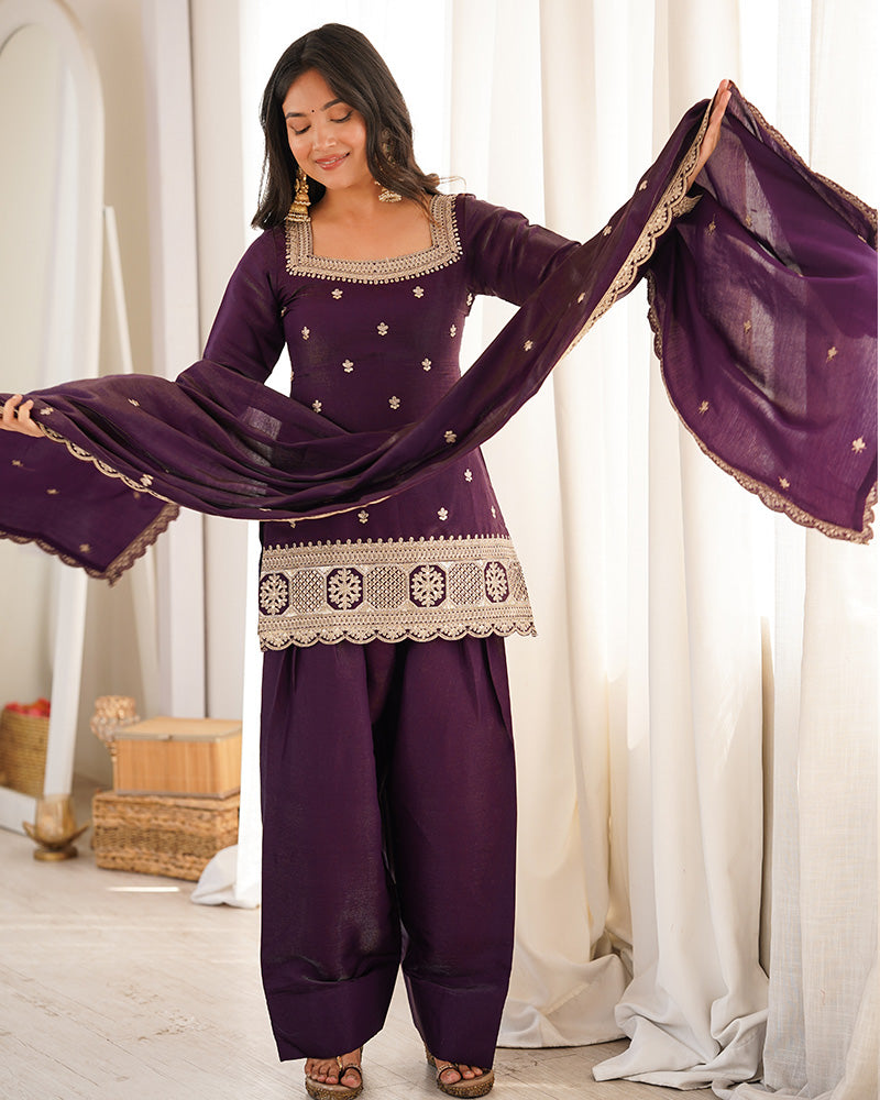 Wine Color Roman Silk Embroidered Farshi Salwar Suit