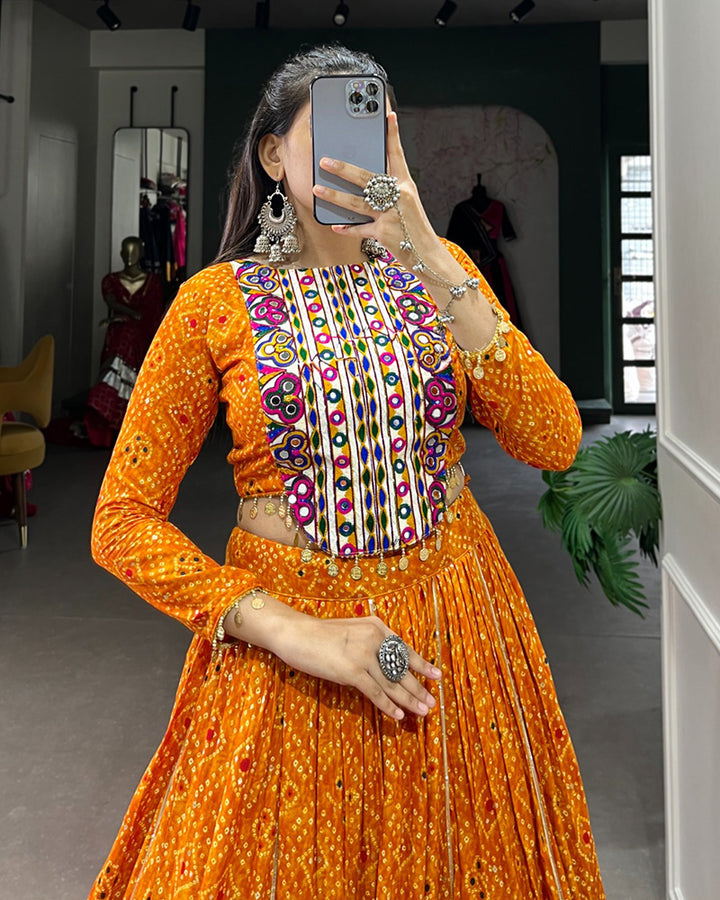 Mustard Color Rayon Foil Printed Navratri Lehenga Choli