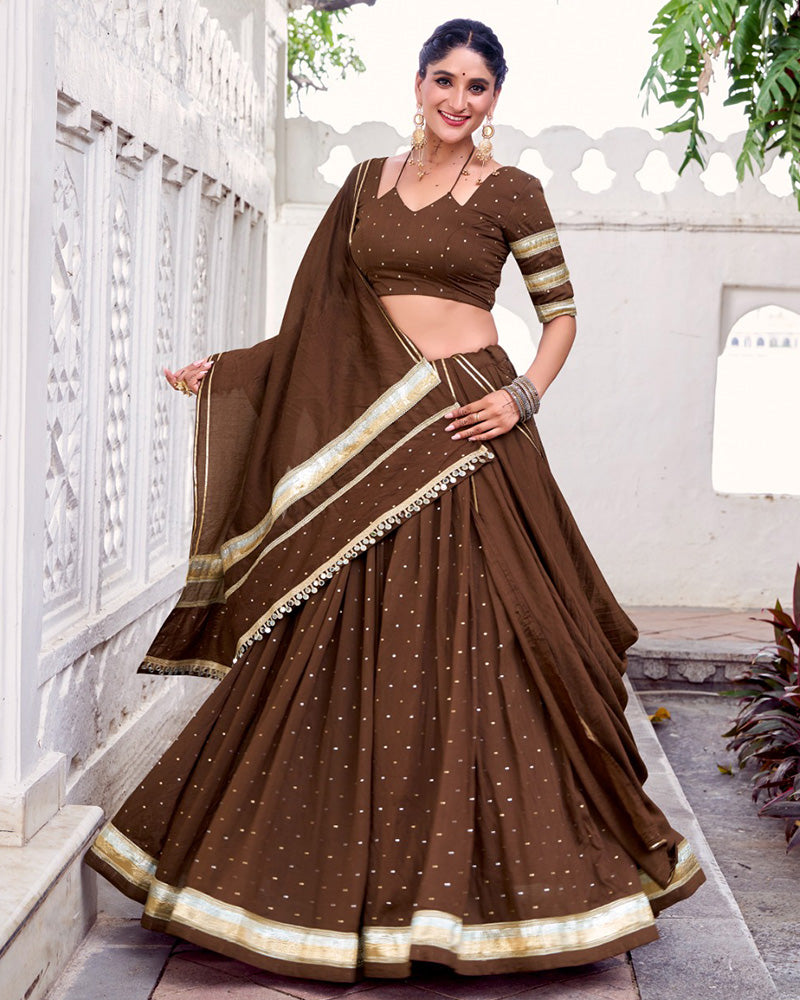 Classic Brown Color Pure Chanderi Navratri Lehenga Choli