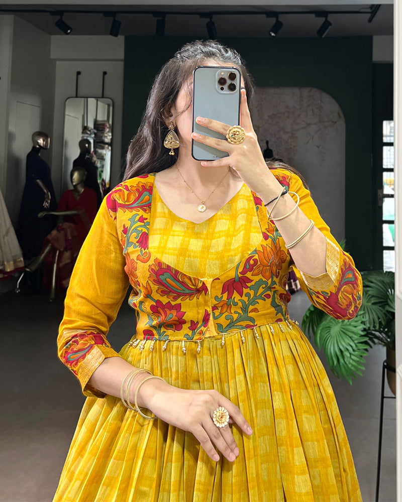Designer Mustard Color Polyster Viscose Chanderi Gown