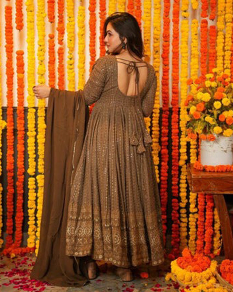 Brown Color Pure Georgette Embroidered Gown