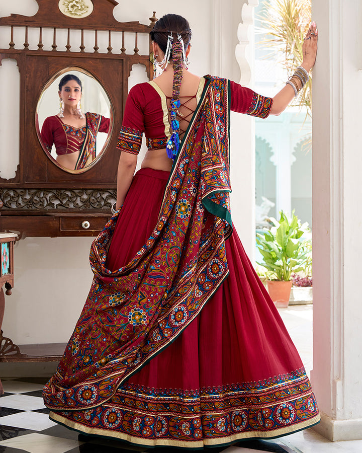 Red Color Tasar Silk Gamthi Printed Navratri Lehenga Choli