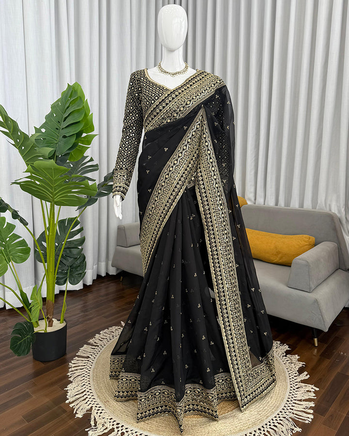 Black Color Tebby Silk Embroidered Saree