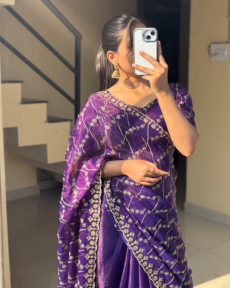 Purple Color Space Silk Embroidered Saree