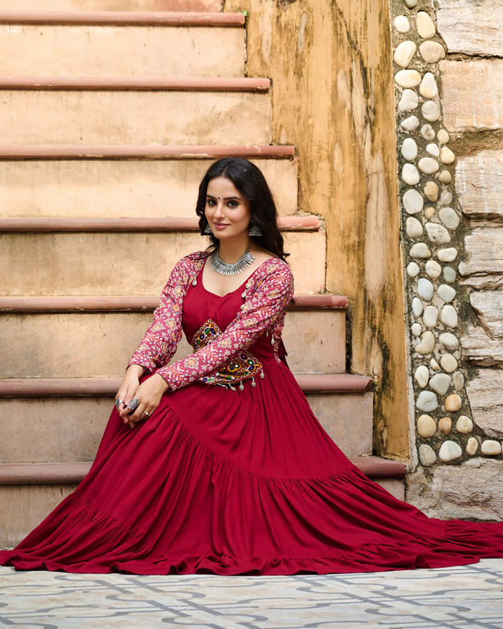 Full Flair Maroon Rayon Gown With Multicolor Embroidery