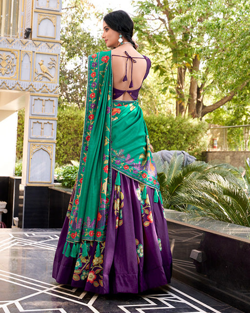 Purple Color Tussar Silk Printed With Foil Work Lehenga Choli