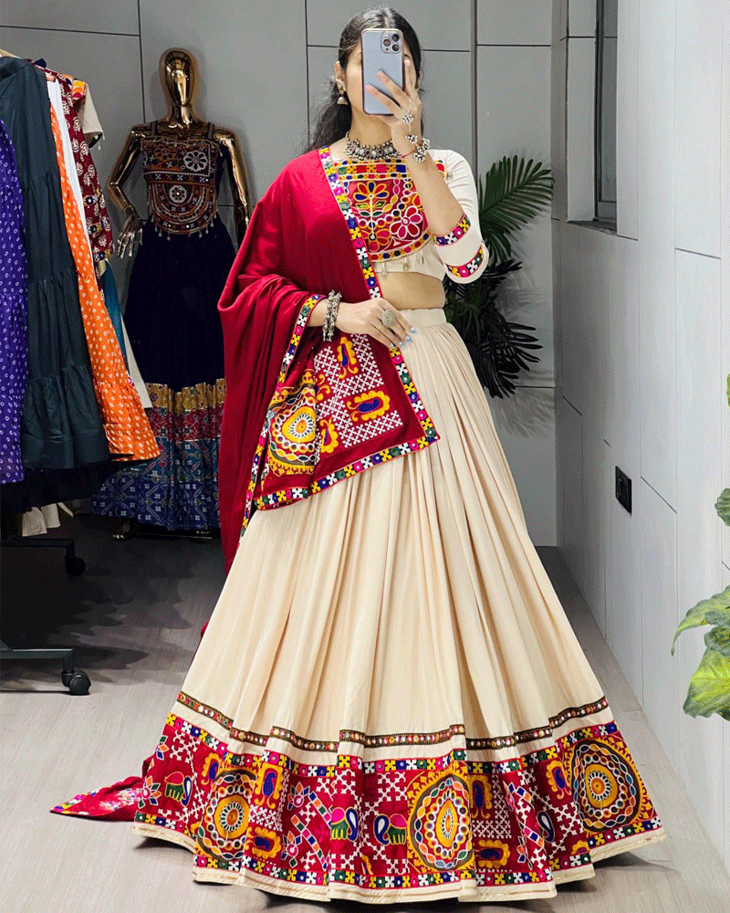 Beige And Maroon Color Pure Rayon Cotton Navratri Lehenga Choli
