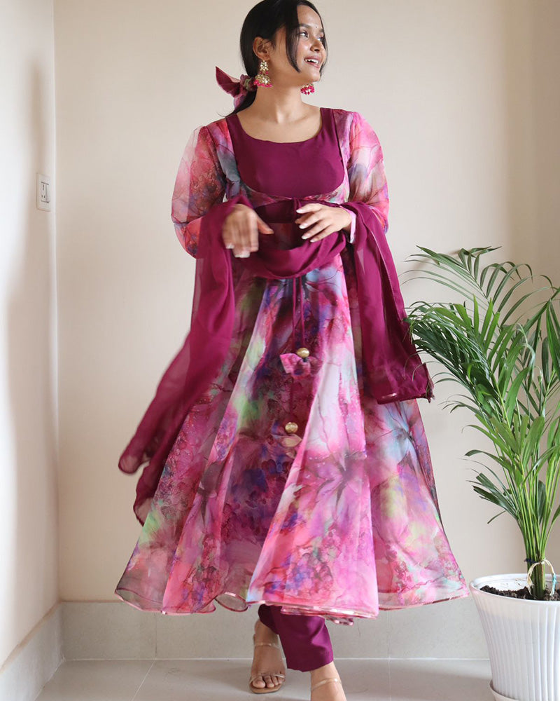 Rose Pink Color Amazing Print Organza Anarkali Suit With Pent & Dupatta