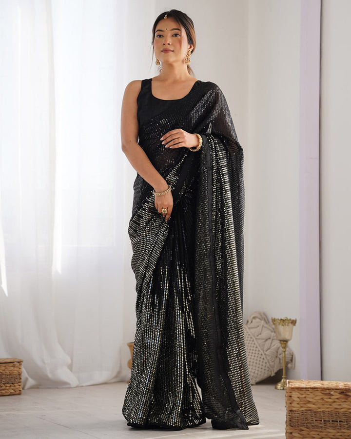 Black Color Heavy Georgette Sequence Embroidered Saree
