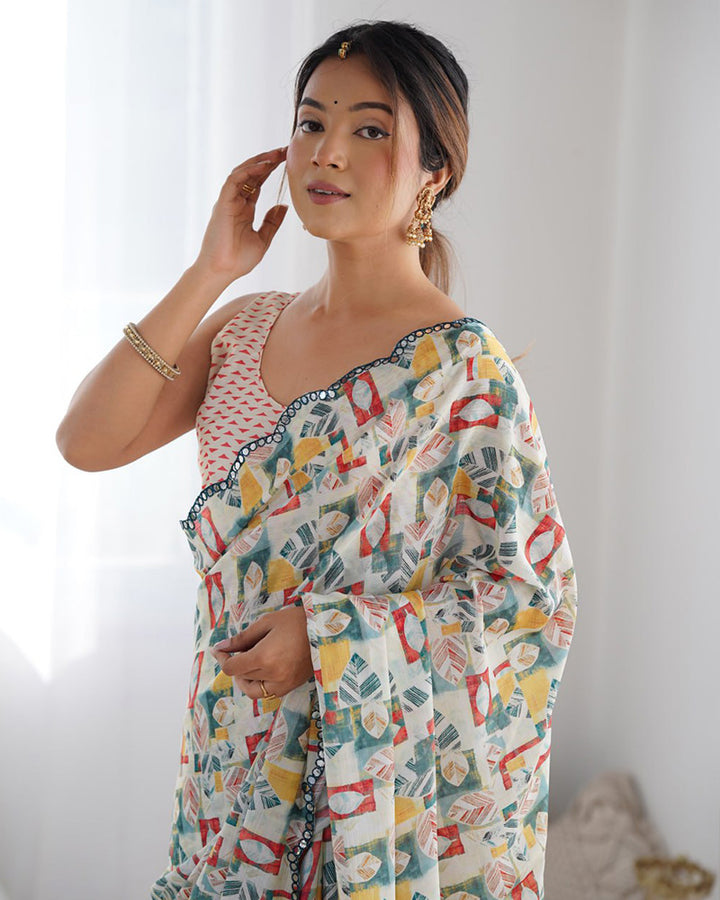 Off-White Color Chinnon Silk Printed Saree