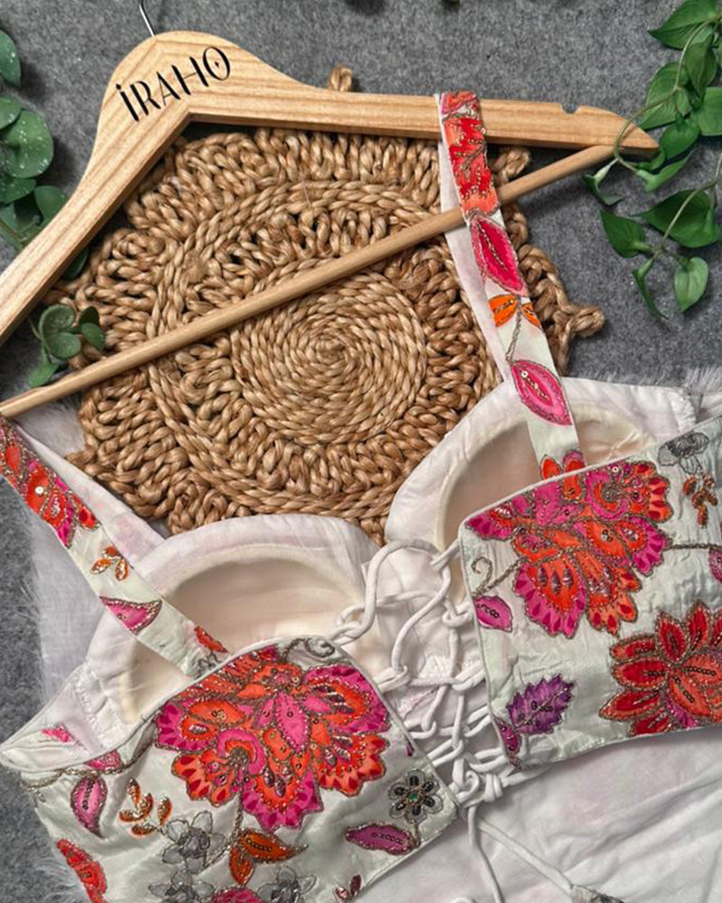 White Color Rumali Silk Embroidered Spaghetti Blouse