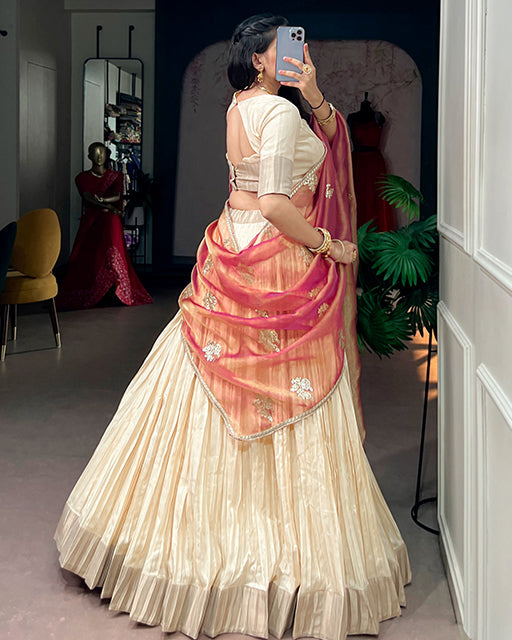 Off White Color Poly Kotha Tussar Zari Weaving Half Saree