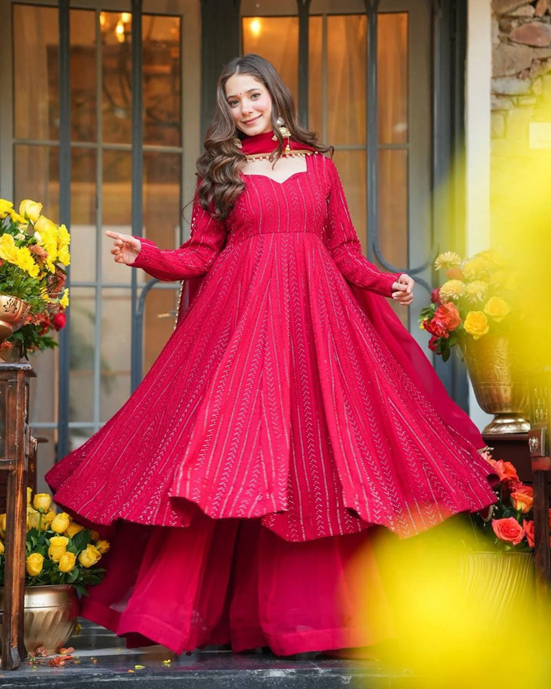 Rani Pink Color Georgette Embroidered Sharara Suit
