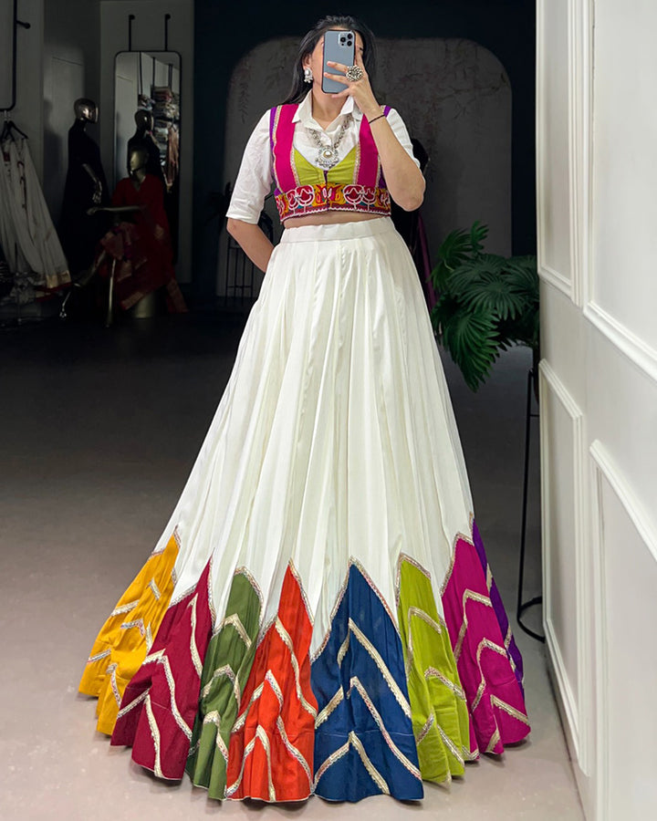 White Lehenga Choli WIth Vibrant Multicolor Flare