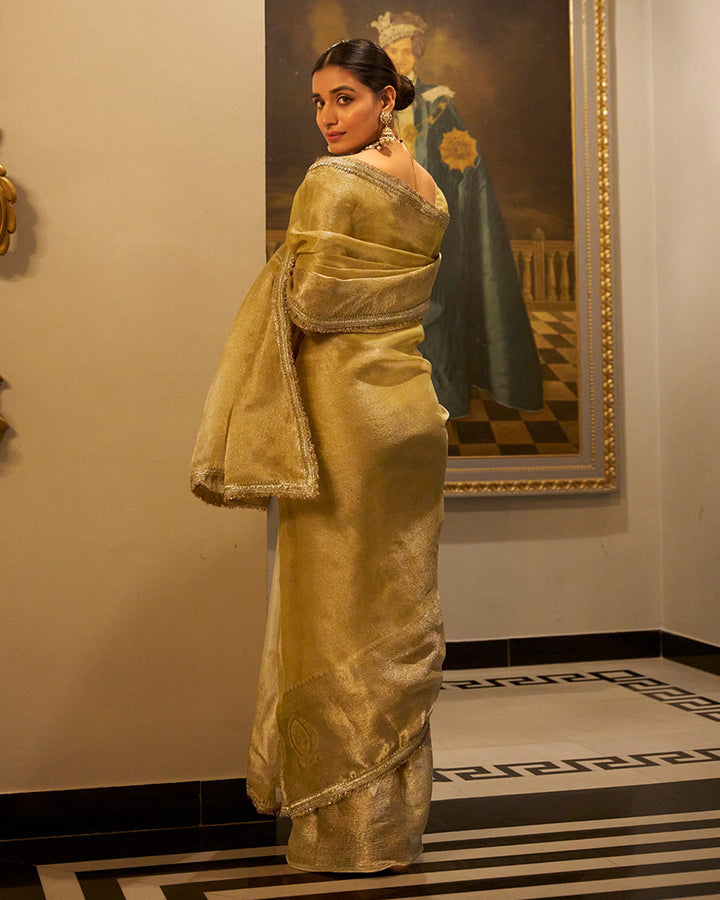 Designer Golden Color Weightless Tissue Shimmer Saree