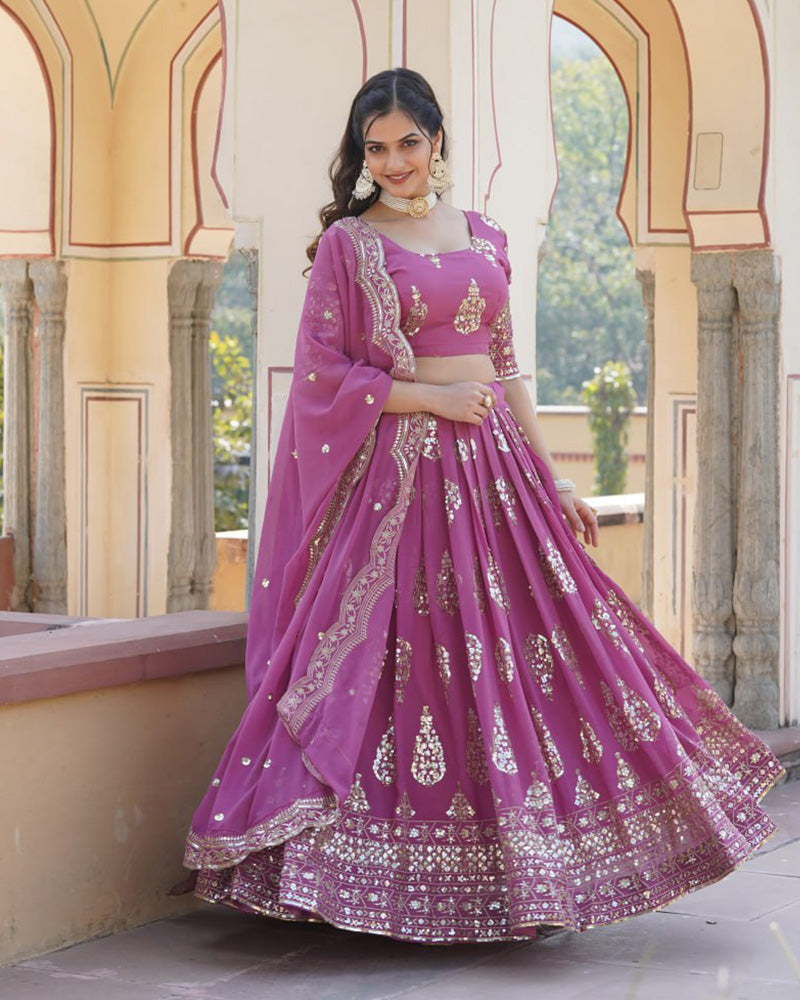 Wedding Wear Onion Color Georgette Embroidery Lehenga Choli
