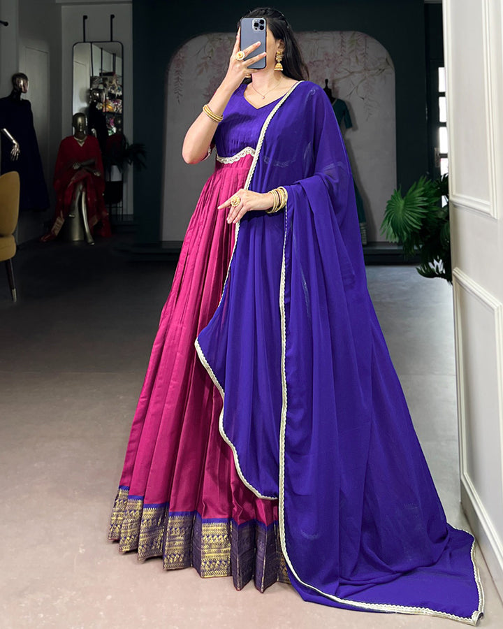 Designer Pink Color Aura Silk Zari Work Gown