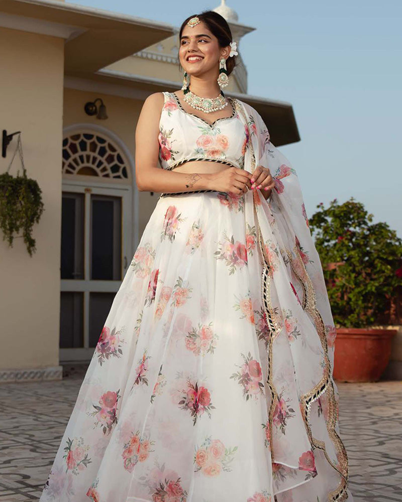 White Color Organza Floral Lehenga Choli