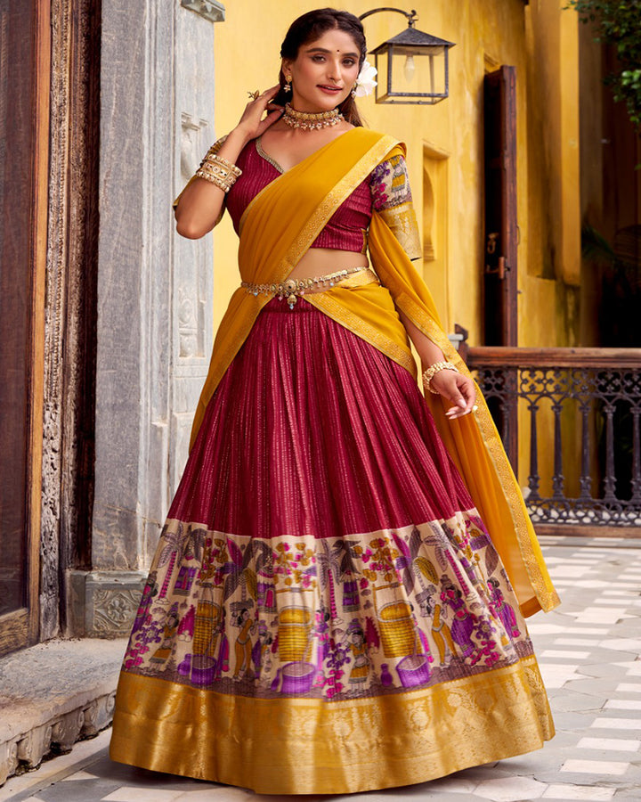 Red Color Poly Chanderi Kalamkari Printed Lehenga Choli