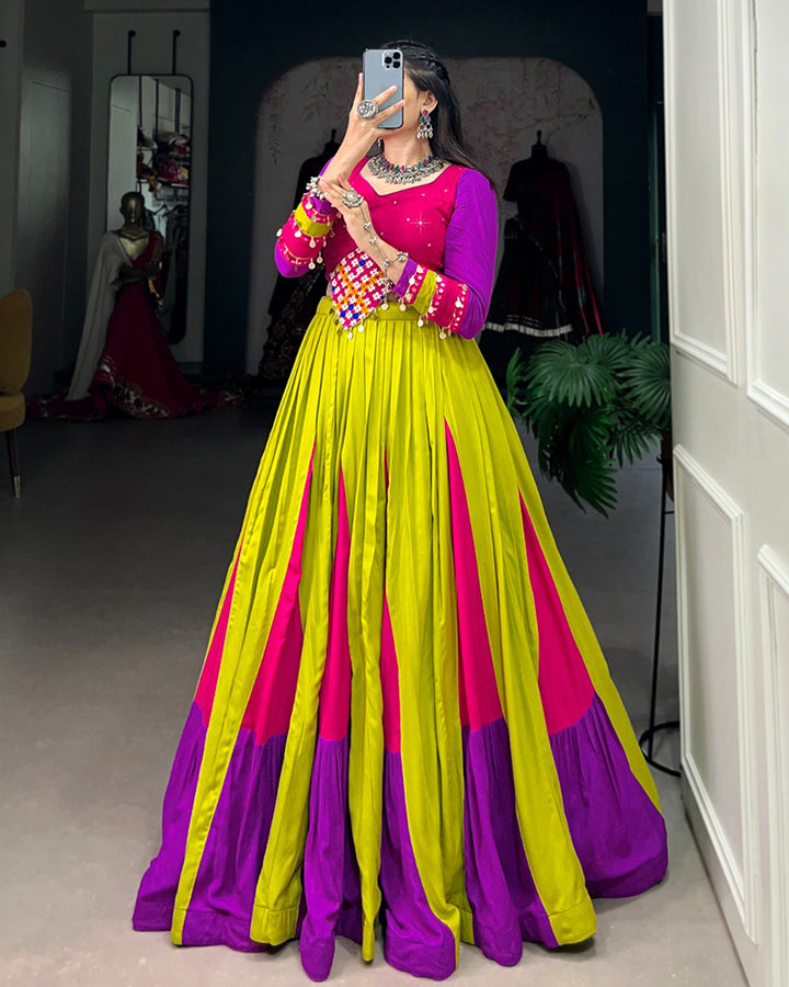 Parrot Multi Color Rayon Gamthi Work Navratri Lehenga Choli
