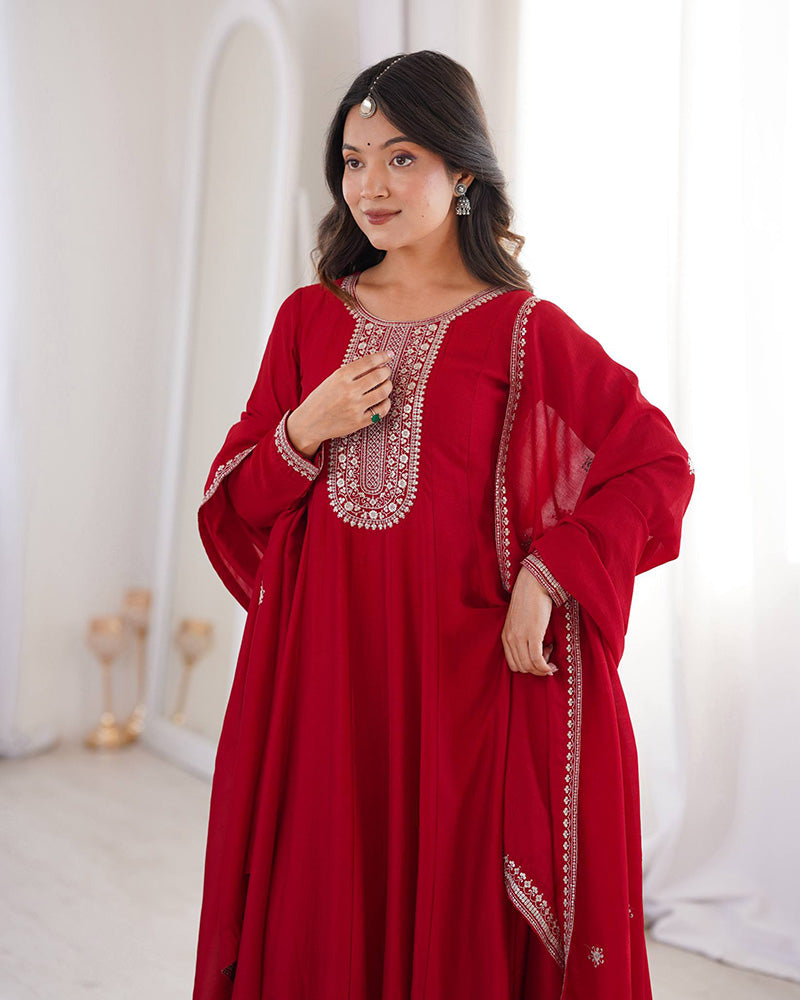 Dark Red Color Vichitra Silk Embroidered Gown