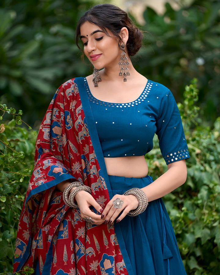Designer Firozi Color Cotton Navratri Lehenga Choli