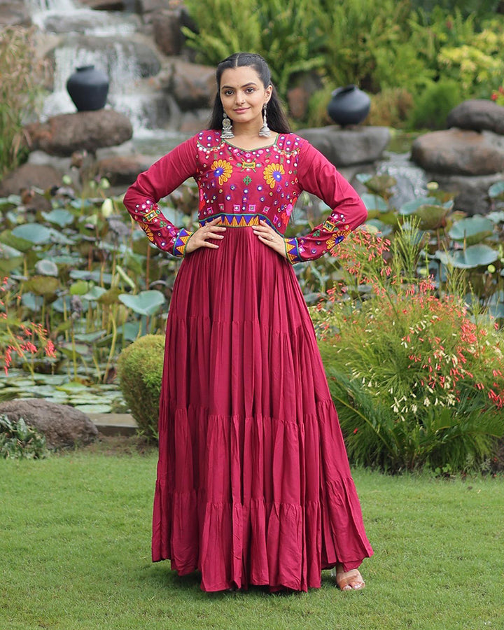 Navratri Special Maroon Color Reyon Gamthi Work Gown