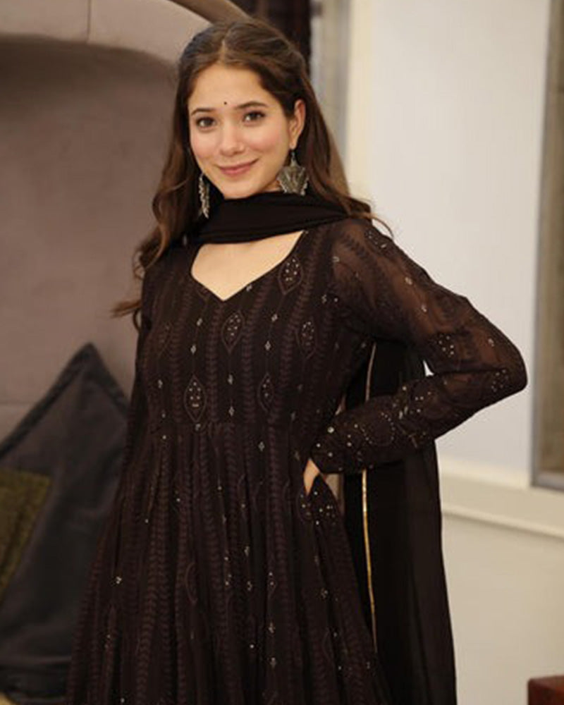Black Color Pure Georgette Embroidered Gown