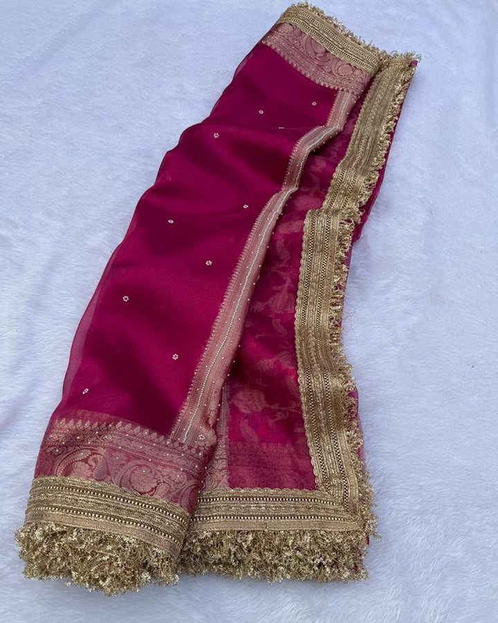 Rani Pink Color Banarasi Tissue Silk Saree